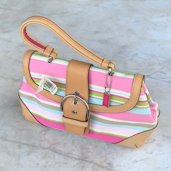 COACH HAMPTON STRIPE VACHETTA HAND BAG NEW WITH TAGS VINTAGE PINK - Picture 3 of 15